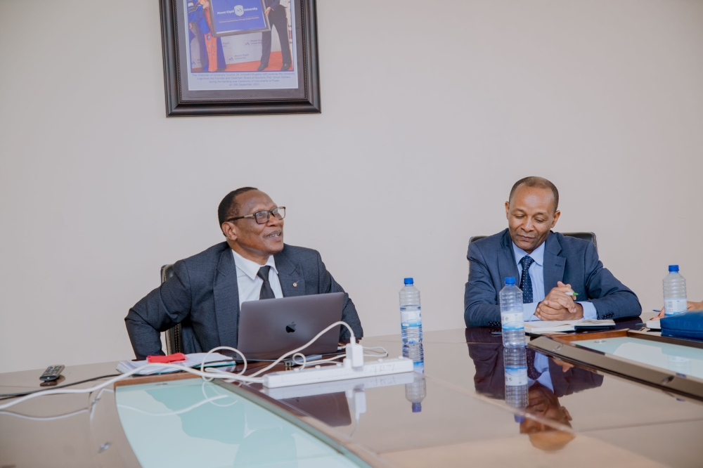 Prof. Kabaji Egara (left) with Dr. Kimemia Martin during the former&#039;s visit to the university in May 2025. He gave a public lecture to students on &#039;Reimagining African Universities Challenges and Pathways to Renewal&#039;.