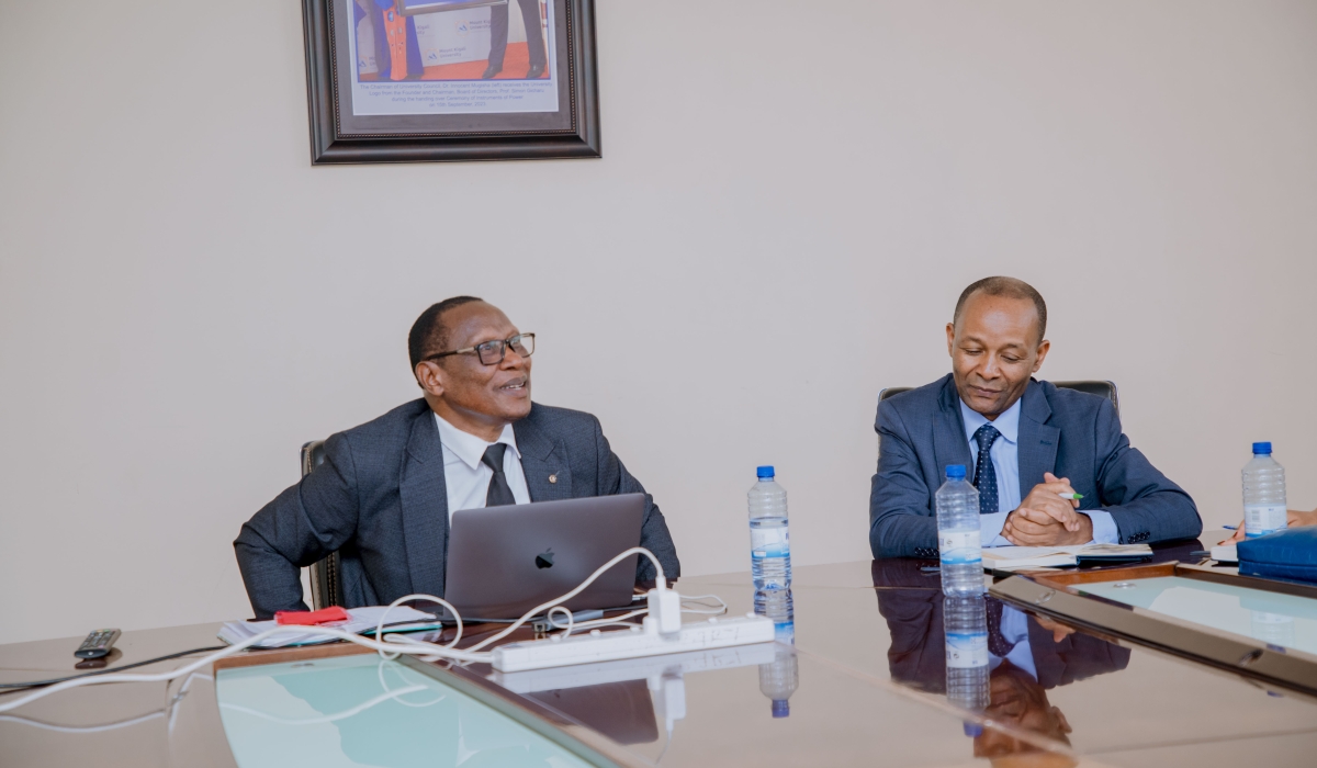 Prof. Kabaji Egara (left) with Dr. Kimemia Martin during the former&#039;s visit to the university in May 2025. He gave a public lecture to students on &#039;Reimagining African Universities Challenges and Pathways to Renewal&#039;.