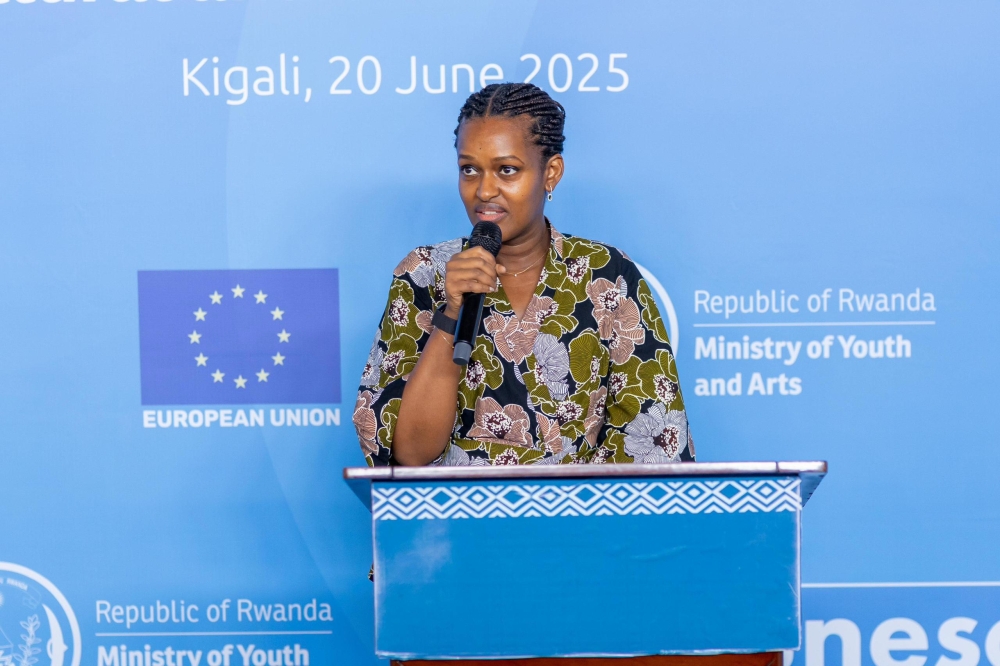 Minister of State for Youth and Arts Sandrine Umutoni speaks at the launch of the new initiative expected to boost Rwanda's creative industry-courtesy