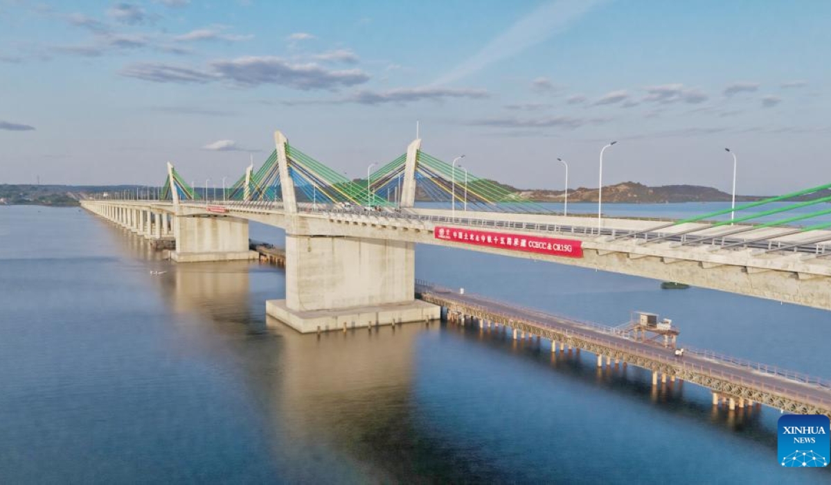 An aerial drone photo taken on June 19, 2025 shows the Chinese-built Magufuli Bridge in Mwanza, Tanzania. (China Civil Engineering Construction Corporation/Handout via Xinhua)