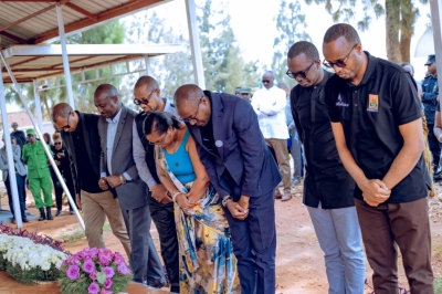 PSF representatives observe a moment of silence during a commemoration event held at Musha Genocide Memorial in Rwamagana on Saturday, June 21.