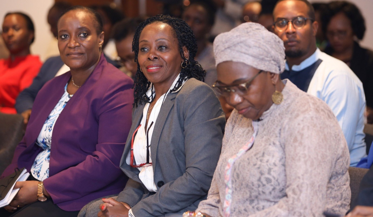 (L) The Minister of Gender and Family Promotion, Consolee Uwimana, and Christine Nkulikiyinka, the Minister of Public Service and Labour  during the discussion. COURTESY
