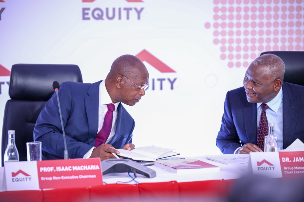 Dr. James Mwangi - Equity Group Managing Director and CEO (Right, interacts with Prof. Isaac Macharia - Chairman, Equity Group Holdings plc  during the 21st Annual General Meeting (AGM). Courtesy