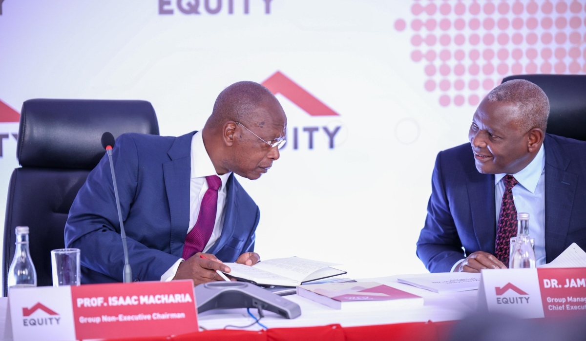 Dr. James Mwangi - Equity Group Managing Director and CEO (Right, interacts with Prof. Isaac Macharia - Chairman, Equity Group Holdings plc  during the 21st Annual General Meeting (AGM). Courtesy