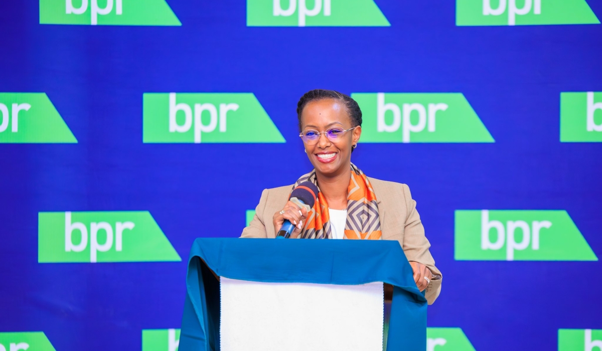 BPR Rwanda Managing Director Patience Mutesi delivers her remarks during the bank&#039;s annual customer engagement event held on Thursday, June 24, in Muhanga. Courtesy