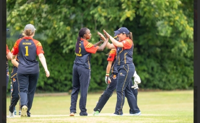 Ishimwe is congratulated by her teammates after posting 111 runs off 79 balls in her debut match in the Hampshire Women&#039;s Division League in England-courtesy