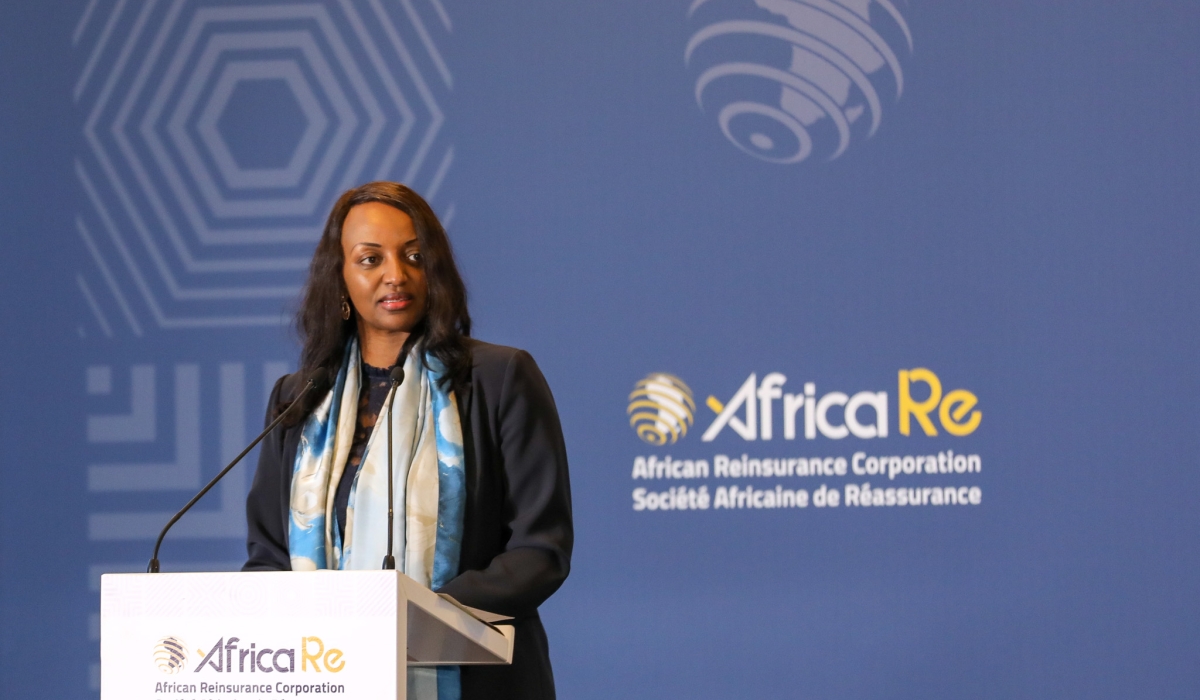 The Governor of National Bank of Rwanda, Soraya Hakuziyaremye, speaks at the 47th annual ordinary meeting of Africa Re, on Friday, June 27, 2025, in Kigali (courtesy). 