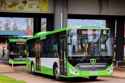 Electric buses that transport commuters in Kigali City. Under the new funding, flagship interventions include the development of the Nyabugogo multimodal transit hub, introduction of dedicated bus lanes.  File