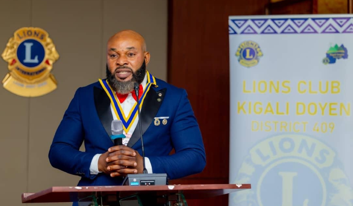 Anthony Macabxender Efe, the president elect of Lions Club Kigali Impact speaks at the event. Courtesy