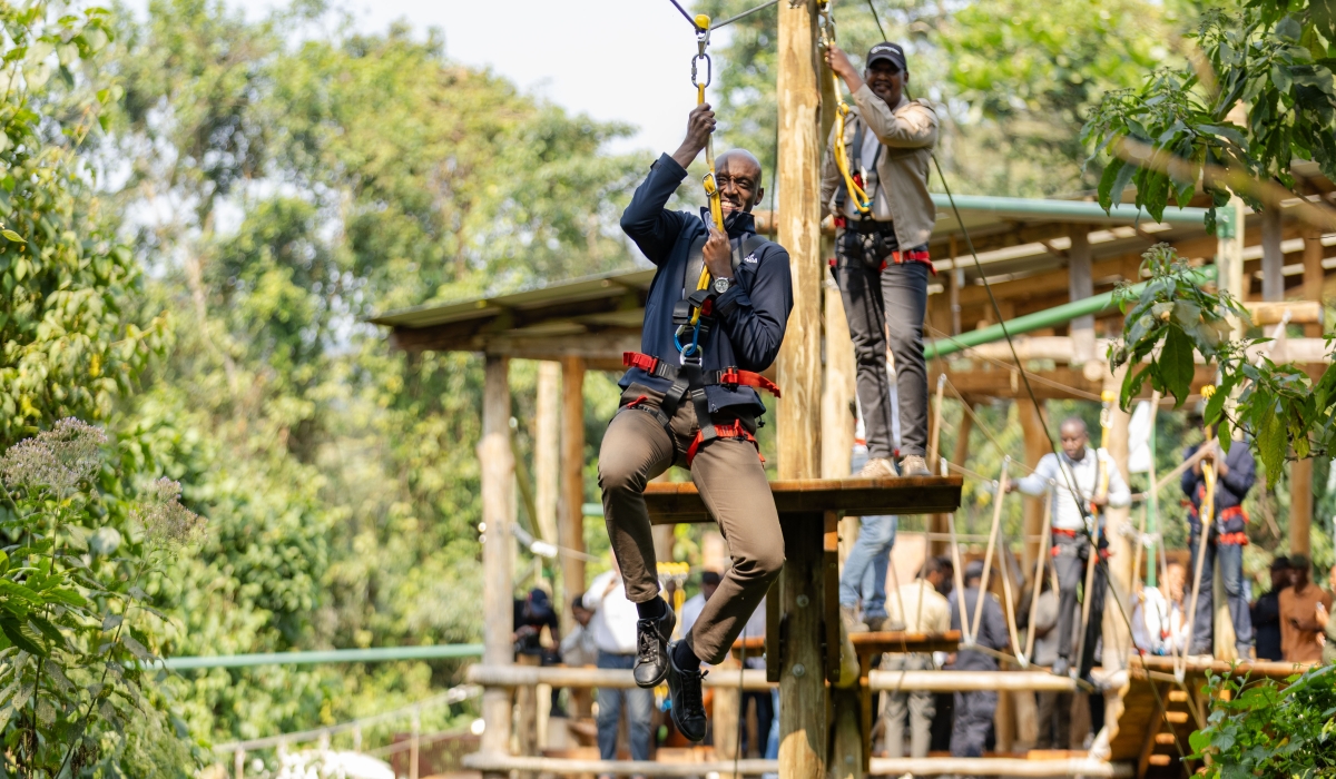 Rwanda Development Board CEO Afrika at the launch of the 280-metre Gisakura Rope Course. Courtesy