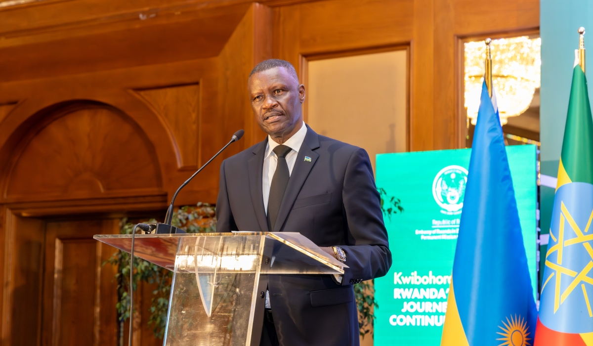 Rwanda’s Ambassador to Ethiopia, Maj. Gen (Rtd) Charles Karamba, speaks at the Liberation Day event, on Friday, July 4, 2025 (courtesy)