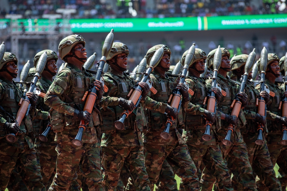 A military parade during Kwibohora 30 anniversary. Every year on July 4th, Rwandans gather to commemorate Kwibohora—Liberation Day. Dan Gatsinzi