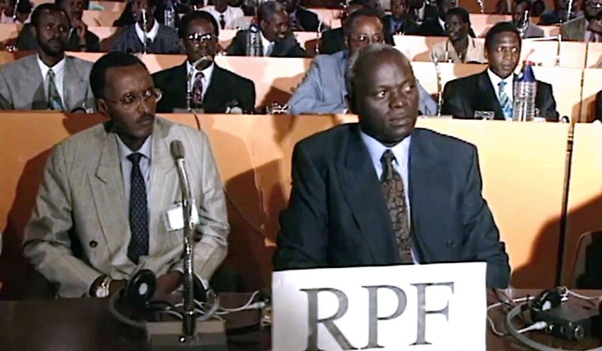 Paul Kagame and RPF representatives during talks with Habyarimana following the pressure due to the RPA military advances.