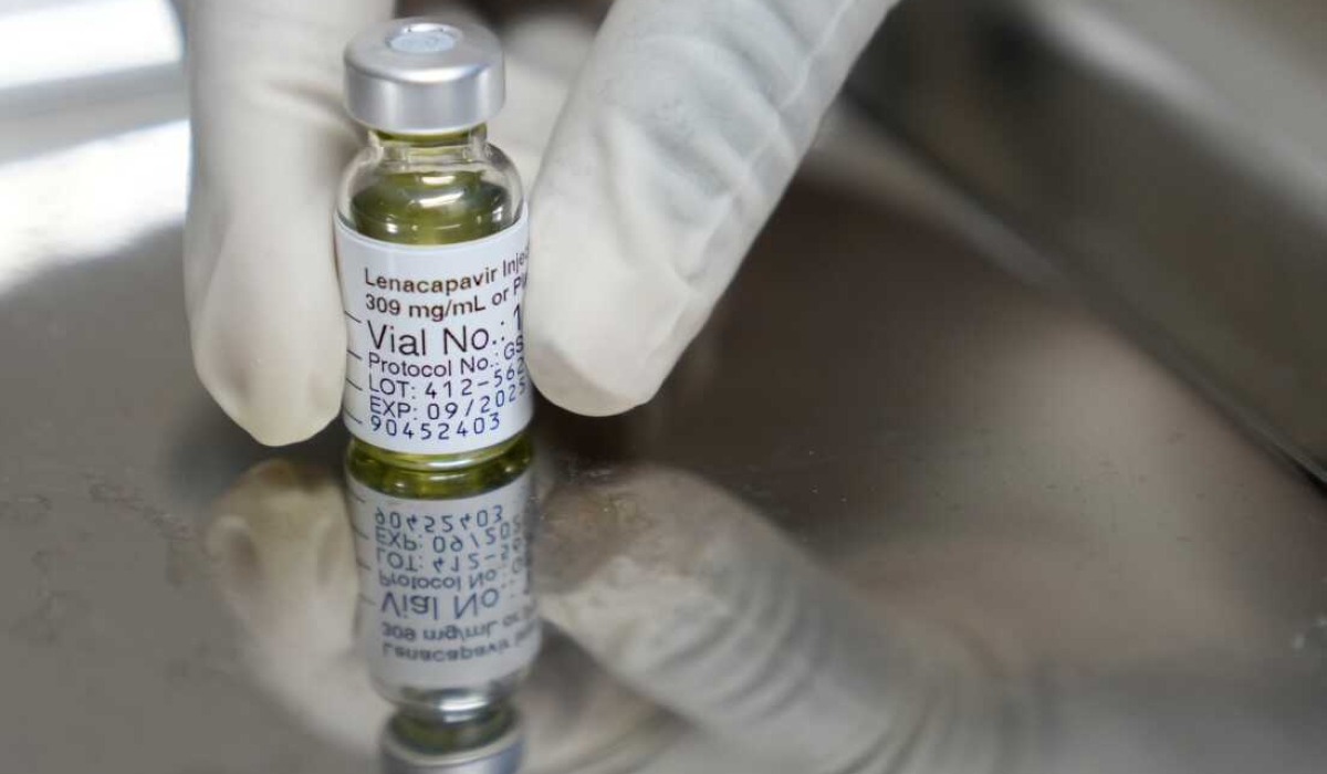 A pharmacist holds a vial of lenacapavir, the new HIV prevention injectable drug, at the Desmond Tutu Health Foundation&#039;s Masiphumelele Research Site, in Cape Town, South Africa, Tuesday, July 23, 2024, which was one of the sites for Gilead&#039;s lenacapavir drug trial. (AP Photo/Nardus Engelbrecht, File)