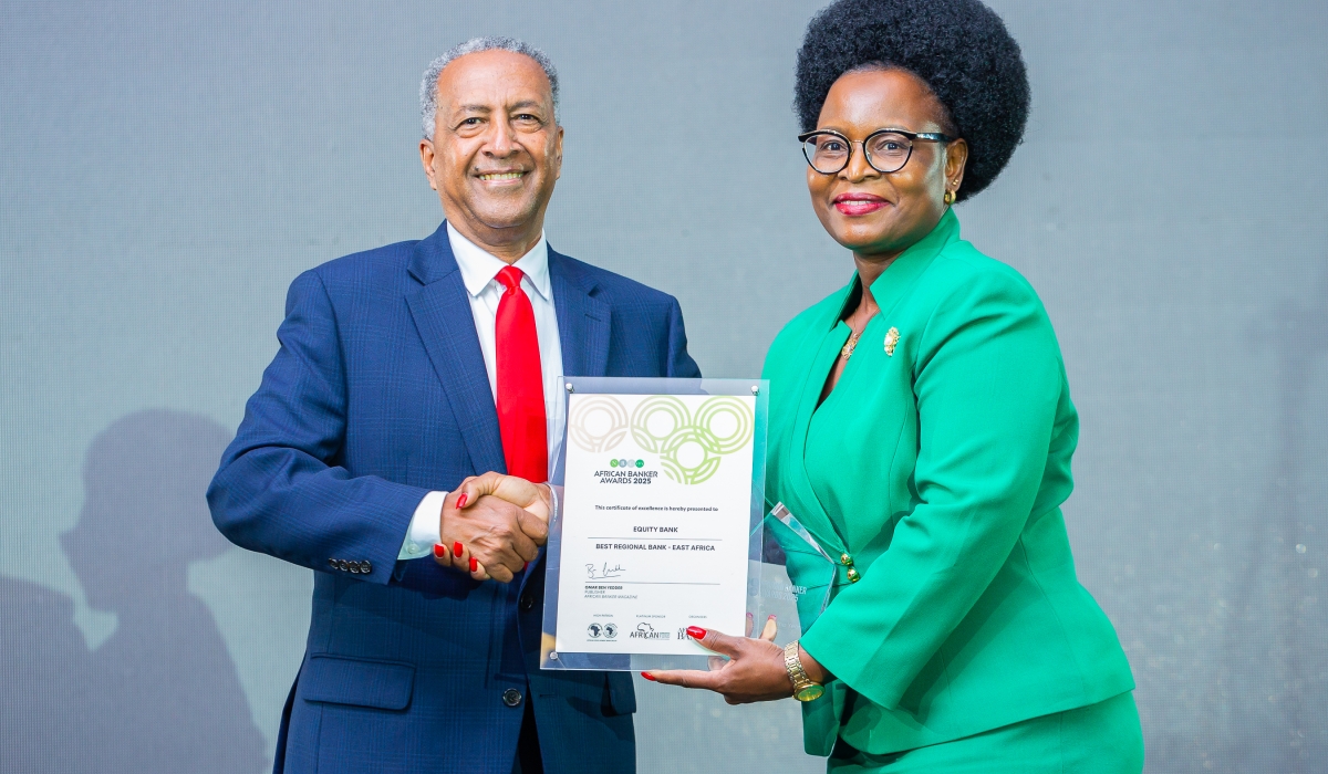Zemedeneh Negatu, the Chairman of the Washington, DC-based capital investment firm, presents the Best Regional Bank—East Africa award to Dr. Silpah Owich of Equity Bank Kenya at the 2025 African Banker Awards in Abidjan. Courtesy Photo