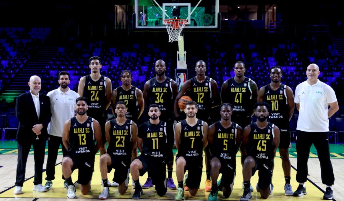 Al Ahli Tripoli players take a group photo during the Basketball Africa League (BAL).