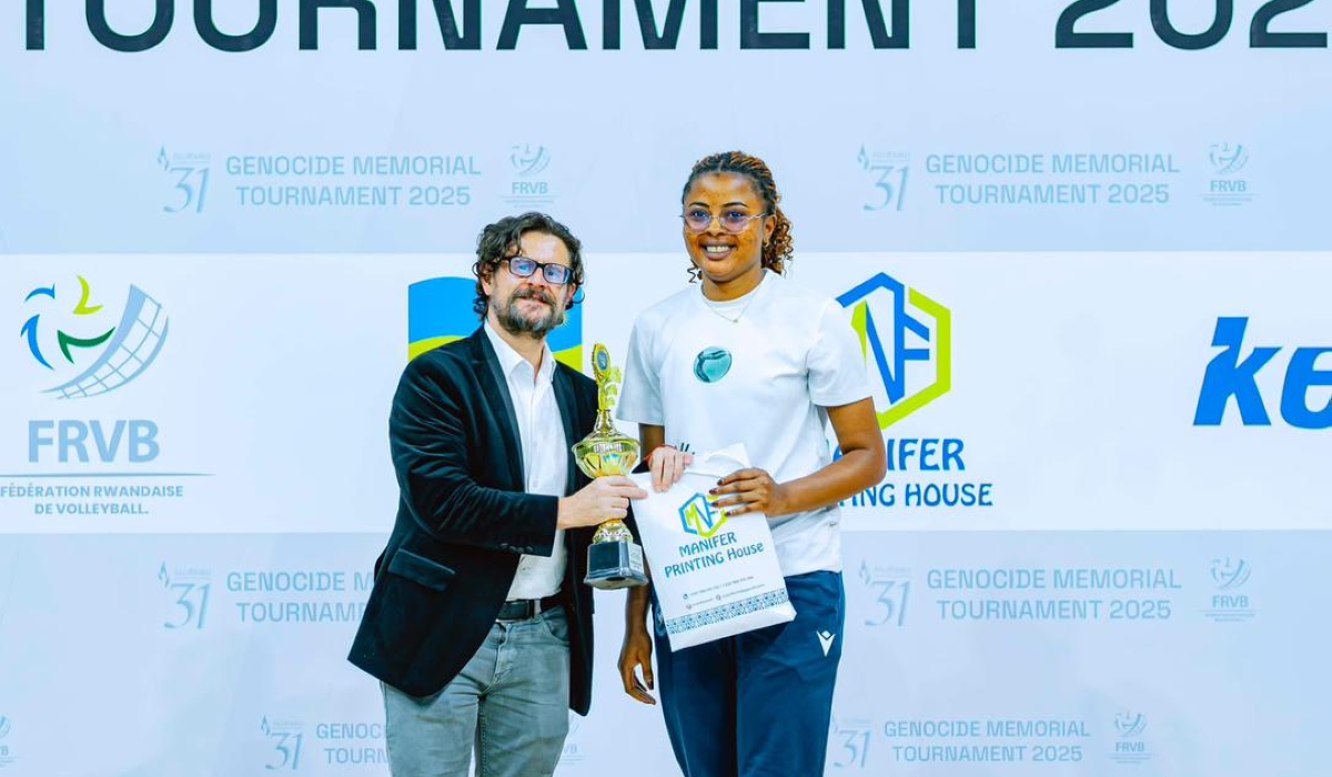 Iris Ndagijimana receiving the best server award in the 2025 Genocide Memorial Tournament.