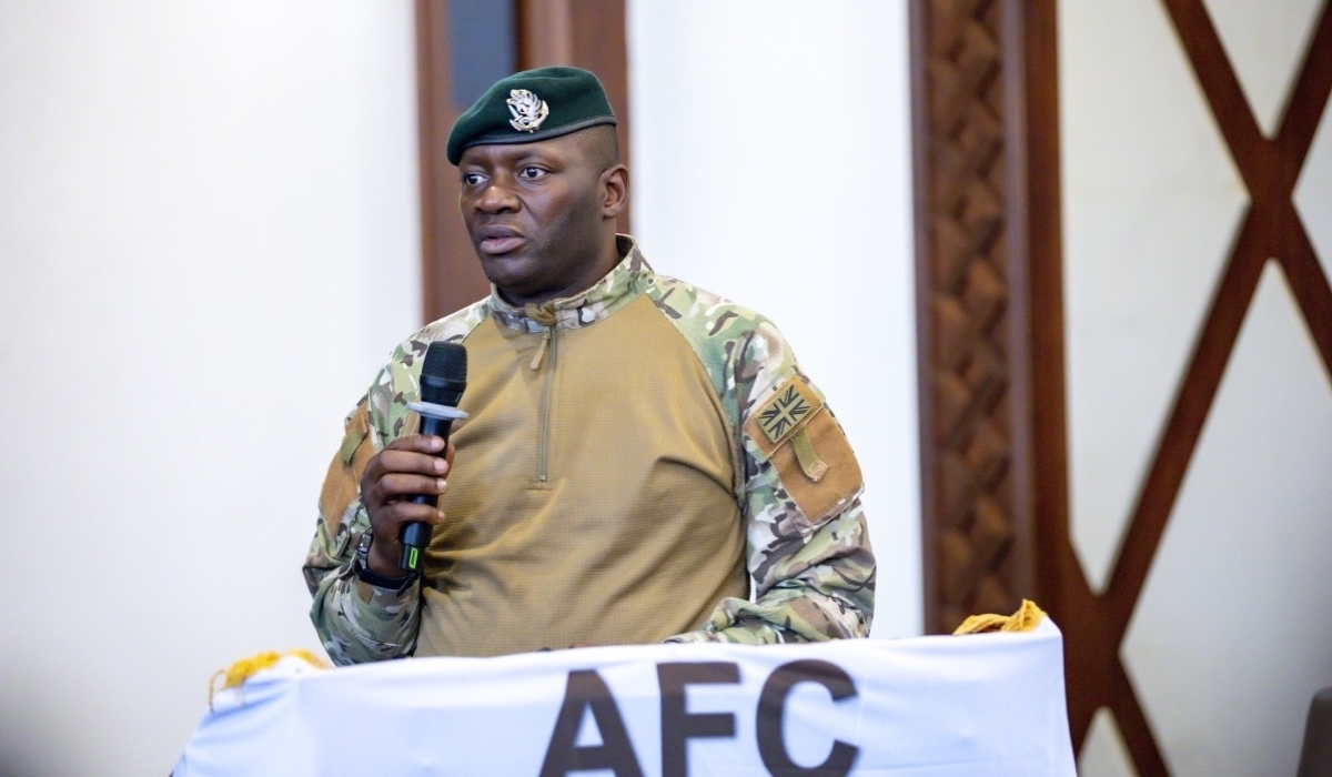 AFC/M23 rebel spokesperson Lawrence Kanyuka speaks  during a press conference     