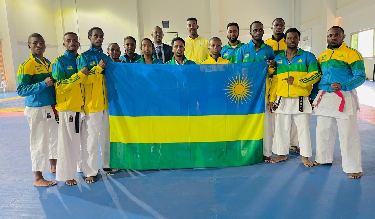 The Minister of State for Sports, Rwego Ngarambe, met the team on Friday, July 18, ahead of the 2025 African Karate Championships in Abuja, Nigeria. Courtesy of FERWAKA