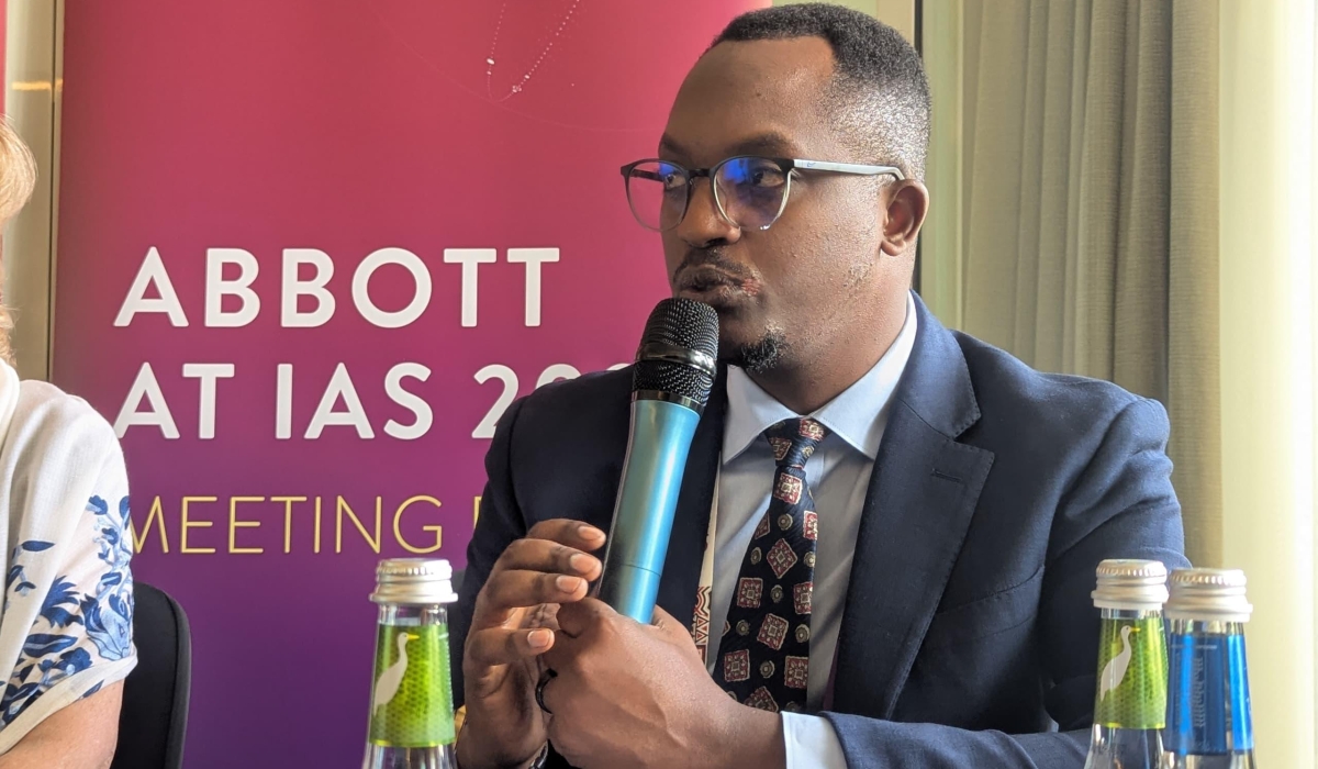 Dr Gallican Rwibasira, the Head of the National HIV, Sexually Transmitted Infections and Hepatitis Programmes at Rwanda Biomedical Centre, speaks to journalists during the International AIDS Society Conference on HIV Science opened on July 15, in Kigali. PHOTO: Joan Mbabazi