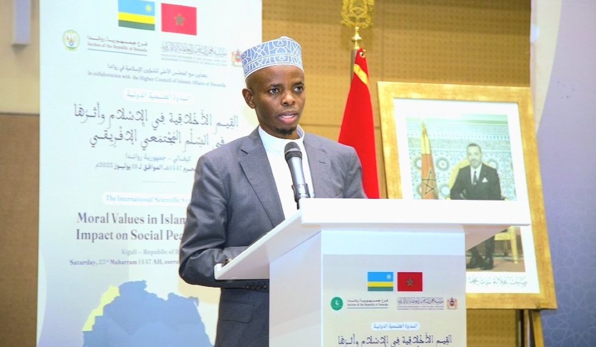 Sheikh Musa Sindayigaya, the Mufti of Rwanda, speaks during a symposium held on July 19 in Kigali under the theme “Moral Values in Islam and Their Impact on Social Peace in Africa.”