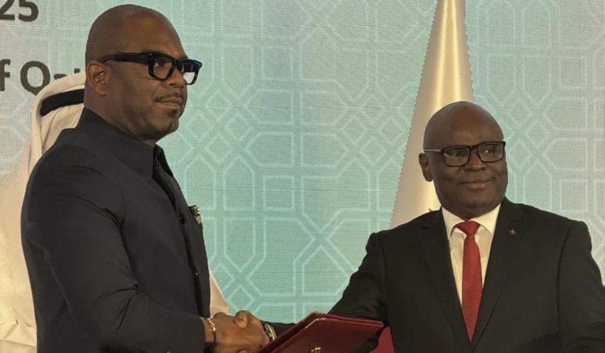 Sumbu Sita Mambu, Senior Representative of DR Congo President Felix Tshisekedi, (left) shakes hands with Benjamin Mbonimpa, Permanent Secretary of AFC/M23, after the signing of the Declaration of Principles in Doha, Qatar, on Saturday, July 19. Courtesy