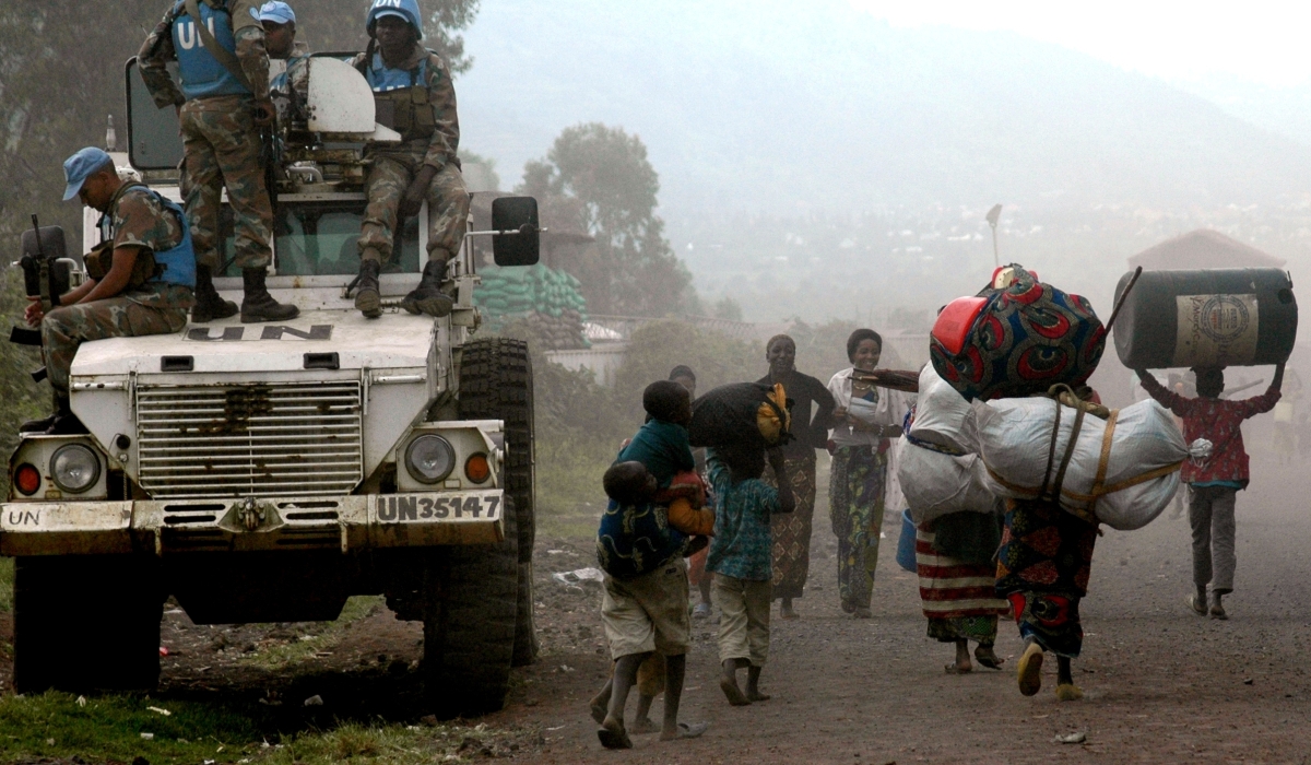 UN peacekeepers on a MONUSCO armored vehicle in the Democratic Republic of the Congo.