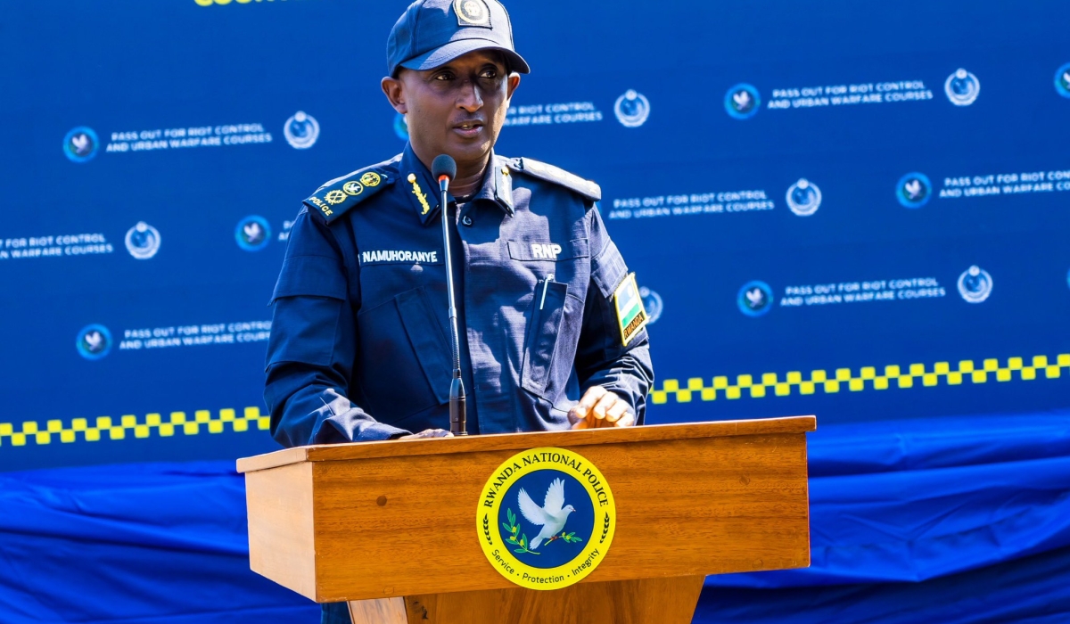 Inspector General of Police CG Felix Namuhoranye speaks during the closing ceremony at  the Counter Terrorism Training Centre in Mayange, Bugesera District, on Wednesday, July 23. Courtesy