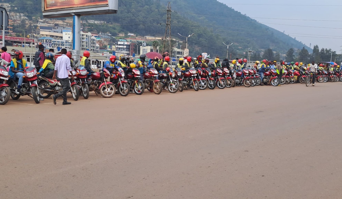 Motorcyclists park near Nyabugogo Bus Park. On Thursday, July 24, the Rwandan government announced new vehicle emission testing fees, applicable to all vehicles, including motorcycles. Courtesy photo