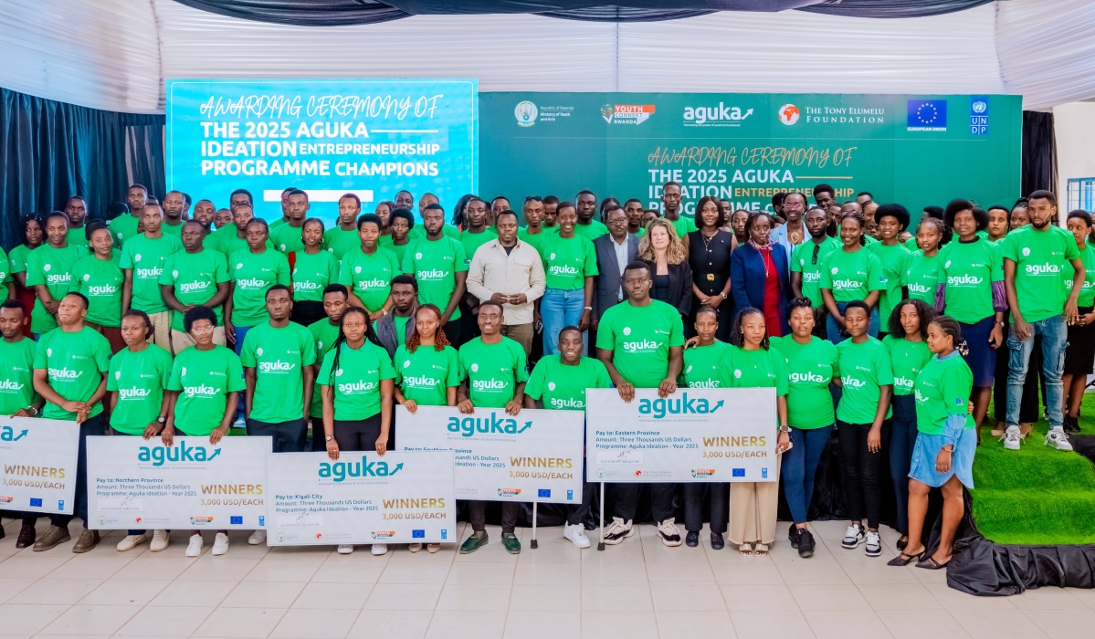Dr. Jean-Népo Abdallah Utumatwishima, Minister of Youth and Arts, poses with other officials and winners of the 2025 AGUKA Idea Entrepreneurship Program, during a prize-giving ceremony held on June 24. Courtesy Photo