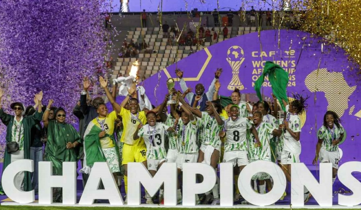Nigeria&#039;s players celebrate with the trophy after winning their 10th Women&#039;s Africa Cup of Nations title-Photo by
ABDEL MAJID BZIOUAT/AFP via Getty Images