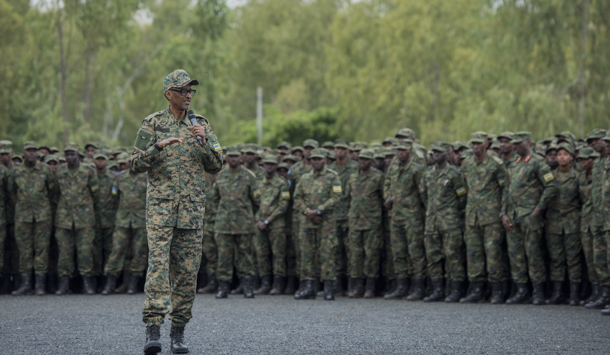 Kagame speaks to RDF soldiers during a past event. In his capacity as the Commander-in-Chief, he has approved the retirement of nine Generals. File Photo