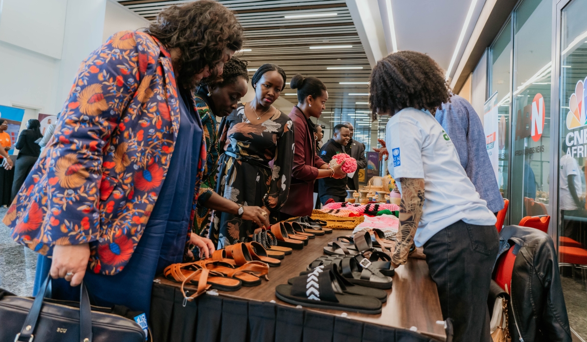Dr. Abdallah Utumatwishima, the Minister of Youth and Arts; Sandrine Umutoni, the Minister of State for Youth;  Paula Ingabire, Minister of ICT; Belen Calvo Uyarra, EU Ambassador to Rwanda; and Christine Nkulikiyinka, Minister of Public Service and Labour, attend a past YouthConnekt event where young Rwandan entrepreneurs showcased their products. File
