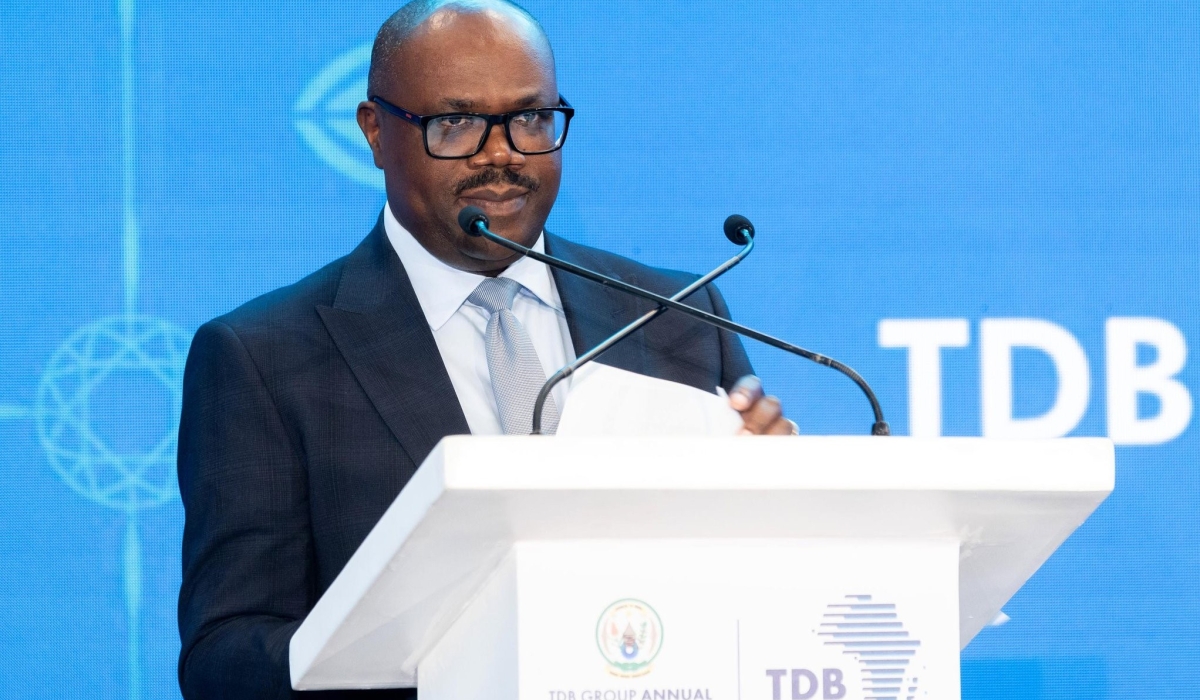 Prime Minister Justin Nsengiyumva delivers his  during TDB Group’s Annual General Meetings held in Kigali on August 1. Courtesy