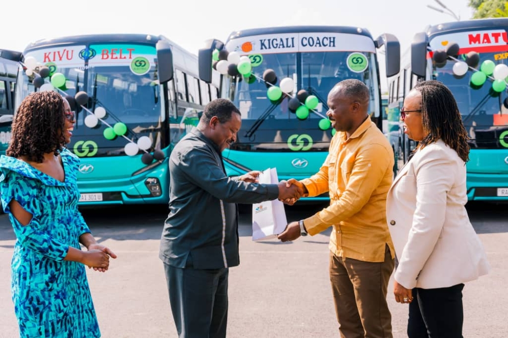Officials during the launch of new emission-free buses in secondary cities in Rubavu town. The move is part of efforts to reduce greenhouse gas emissions as per climate action agenda in the country. Courtesy