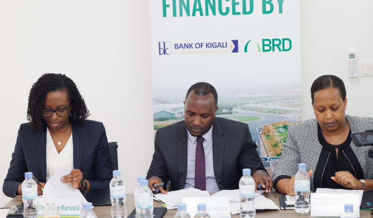 Bank of Kigali CEO Dianne Karusisi, Arnab Bose, Managing Director of BSEZ, Kampeta Pitchette Sayinzoga, CEO of the Development Bank of Rwanda sign the agreement on Monday, August 4. Courtesy