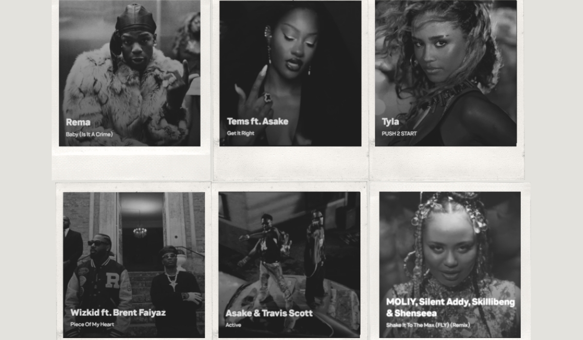A collage of 2025 MTV VMA Afrobeats nominees including Rema, Tems, Tyla, Wizkid, Asake, and Moliy. Burna Boy & Ayra Starr, also nominated, are not pictured. COURTESY.