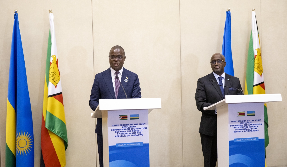 The Minister of Foreign Affairs and International Cooperation Olivier Nduhungirehe, along with his Zimbabwean counterpart, Amon Murwira, address journalists after signing the agreements in Kigali on Tuesday, August 6.