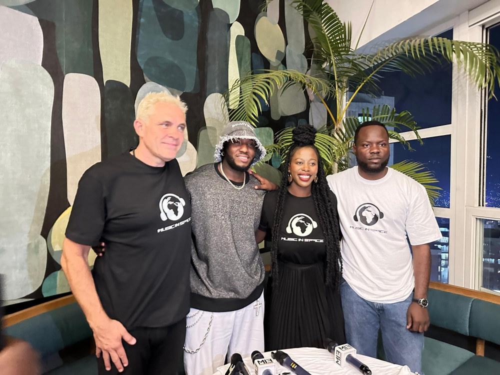 Danish filmmaker Bjorn Vido, musician The Ben, South Africa’s Kgomotso Gobeni (now Mutesi), and Kigali Protocol founder Jidena at the launch of the Music in Space tour in Kigali.
PHOTO BY PRINCE RUZIGANA.