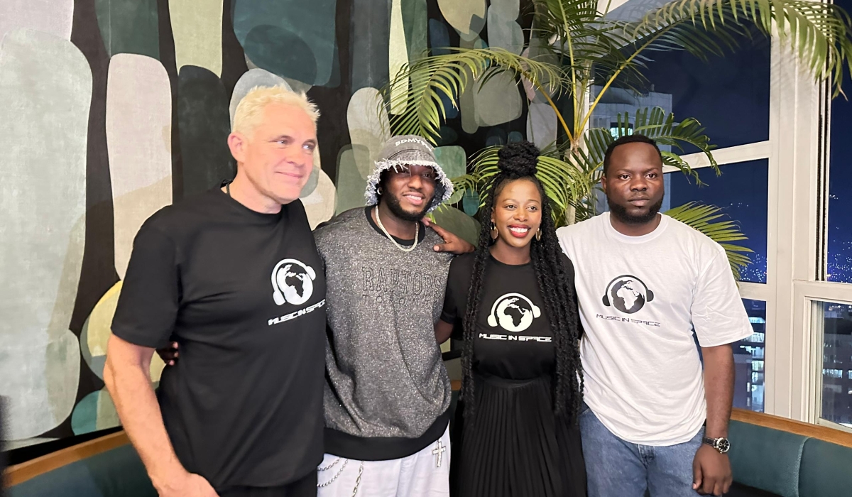 Danish filmmaker Bjorn Vido, musician The Ben, South Africa’s Kgomotso Gobeni (now Mutesi), and Kigali Protocol founder Jidena at the launch of the Music in Space tour in Kigali.
PHOTO BY PRINCE RUZIGANA.