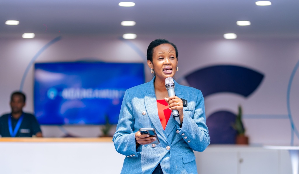 The Director General of the National Identification Agency (NIDA), Josephine Mukesha, speaks during the launch of registration for Rwanda’s first digital ID at Expo Grounds Gikondo. Photo by Emmanuel Ntirenganya