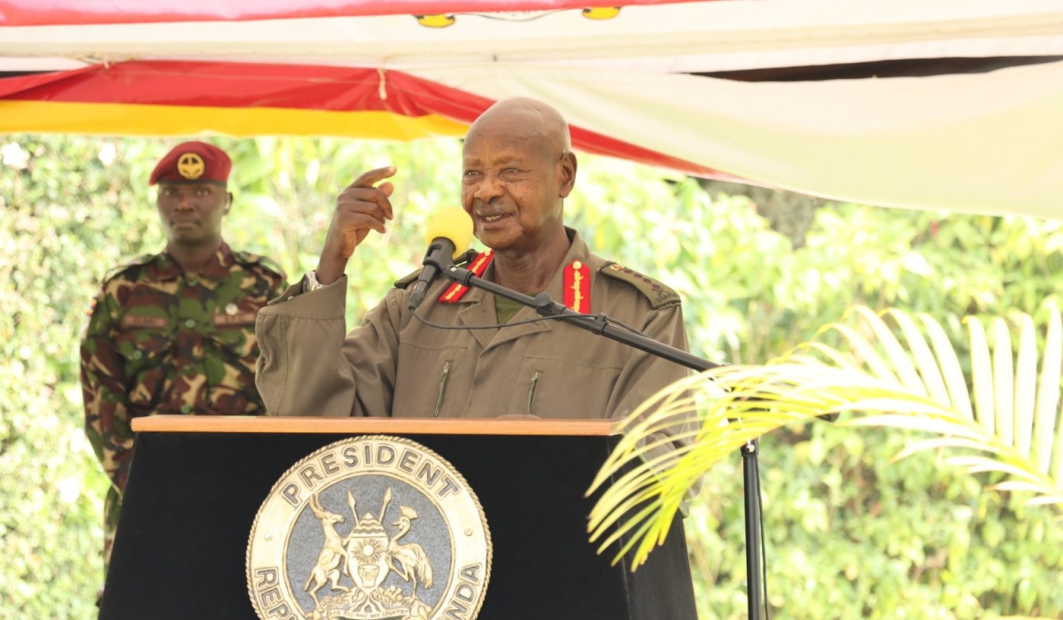 Museveni speaks during the send-off ceremony for the retiring generals.