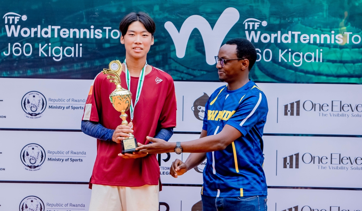 Kazuki Nakajima poses with a trophy after winning first week of ITF World Tennis Junior Tour in Kigali on Saturday, August 9