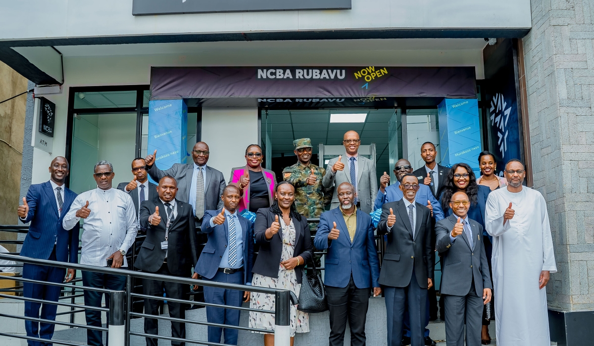 NCBA Bank Rwanda officials and senior delegates pose for a group photo during the opening ceremony on Friday, August 8.  NCBA Bank Rwanda is currently present in Kigali with four branches and in other districts of Musanze, Nyagatare, Rubavu, and Kayonza.