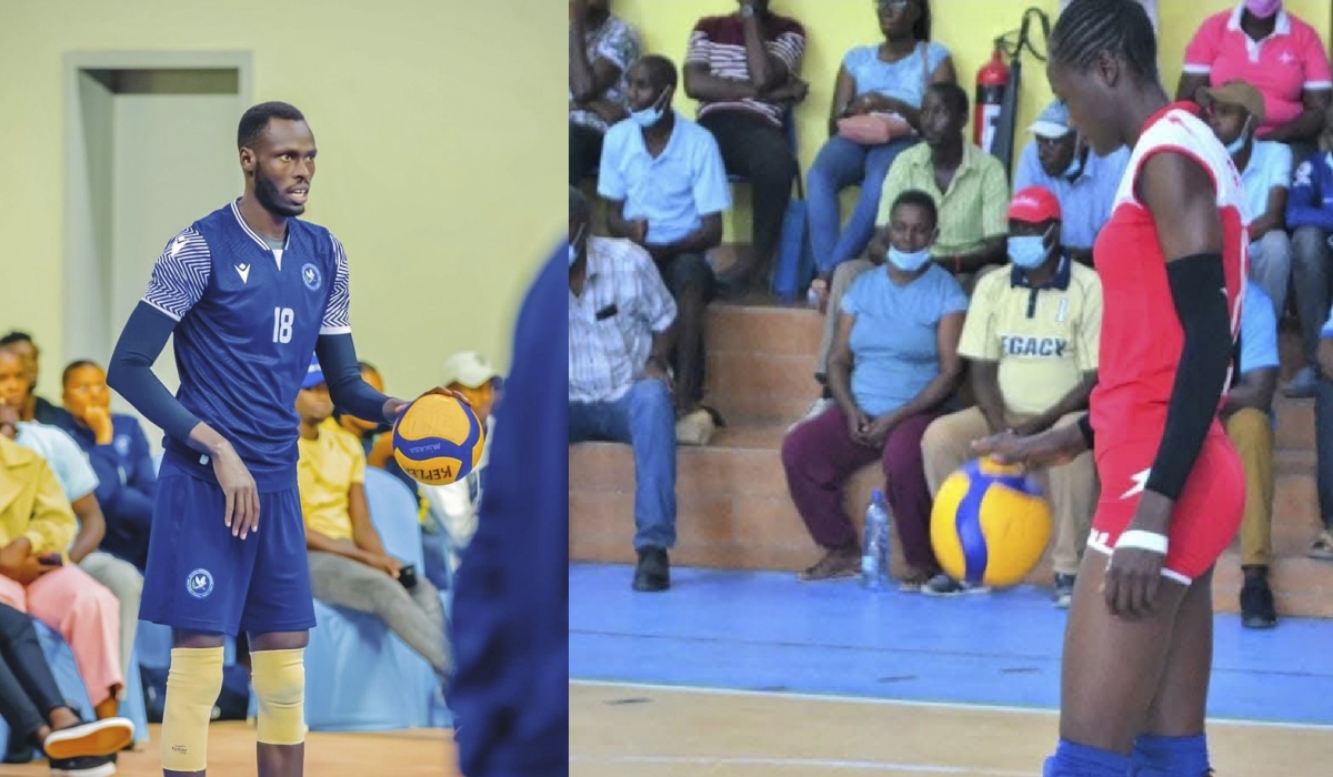 Star middle blocker Emmy Twagirayezu and Kenya international Marion Indeche 