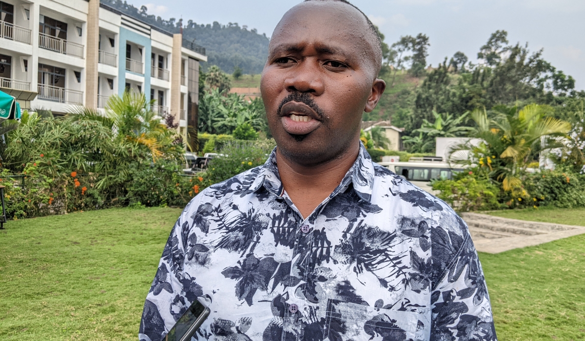 Mayor Prosper Mulindwa speaks to the media on the issue of "ghost" and "dormant NGOs" in Rubavu District, warning that funds are for the people of Rubavu and Rwandans not for personal interests. Photo by Germain Nsanzimana.