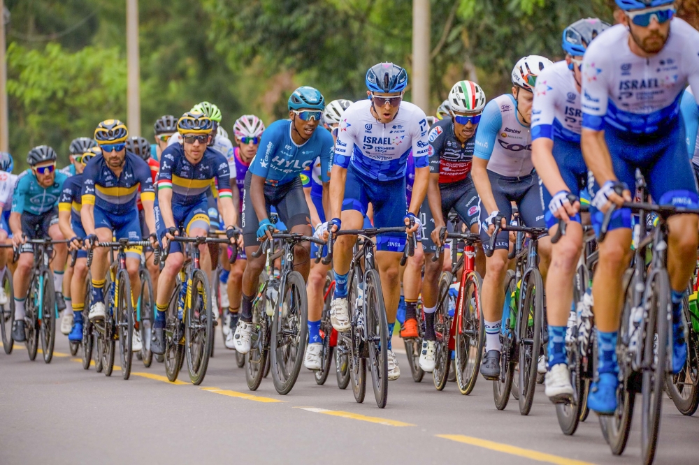 Cyclists ride in peloton during Tour du Rwanda. File