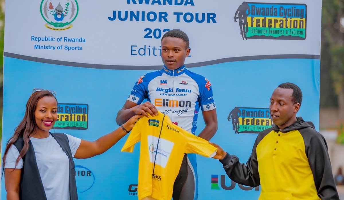 Didier Twagirayezu holding the yellow jersey  as the winner of the second edition of Rwanda Junior Tour