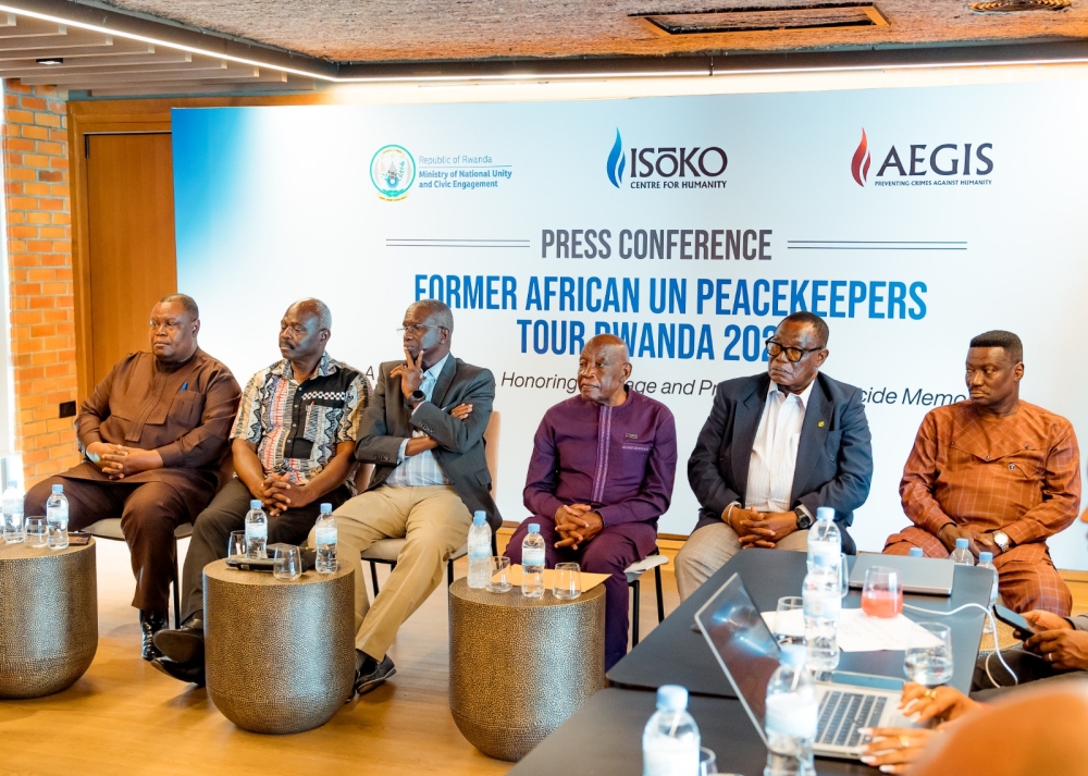 The veteran African peacekeepers during a news conference at Zaria Court in Kigali on Wednesday, August 20. Courtesy