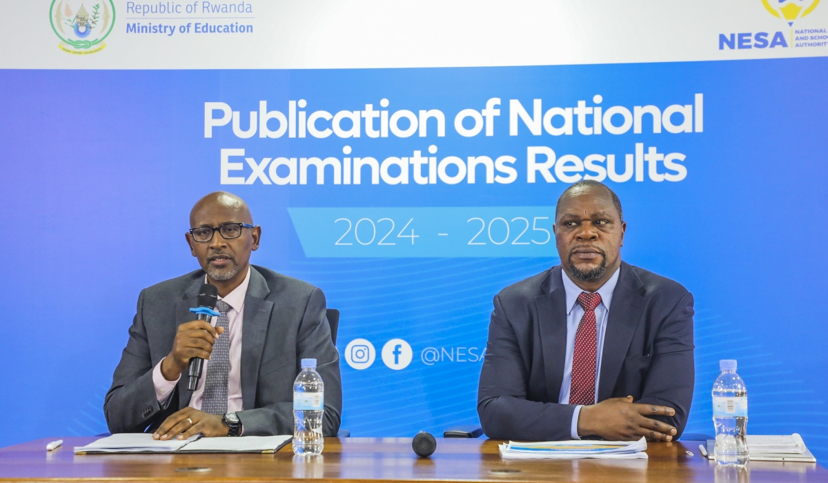 Minister of Education, Joseph Nsengimana addresses journalists as NESA Director General, Bernard Bahati looks on, during the release of the National examination results on Tuesday, August 19. Photos by Craish Bahizi